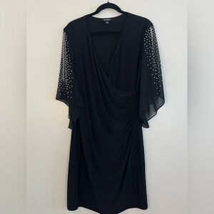 Roz & Ali | Pearl embellished black faux wrap dress Womens size L stretch V neck